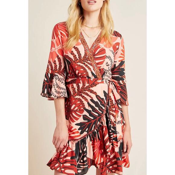 Farm Rio NWOT Bruxelles Dress Ruffles Wrapped Mini Orange Brown Size Medium - Picture 3 of 12